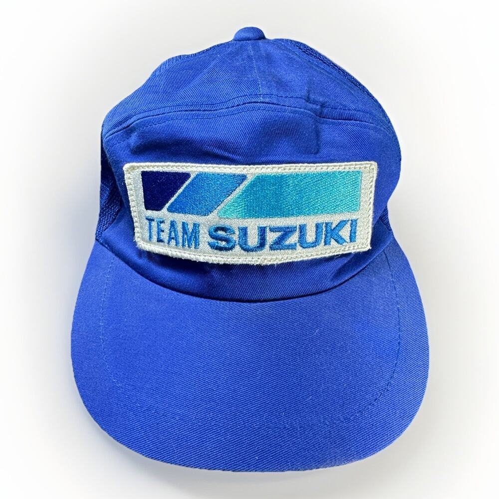 VTG 80s 90s Team Suzuki Trucker Hat Big Patch Blue Snapback Mesh Racing Moto Cap